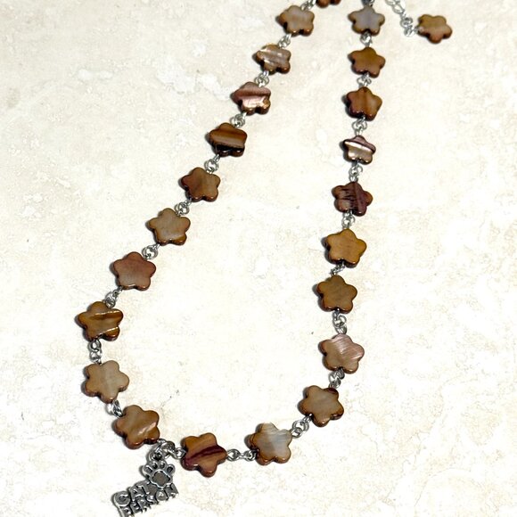 Caramel Mother of Pearl Flower Beaded Short Necklace+Cat Person PawPrint Pendant - Picture 5 of 13